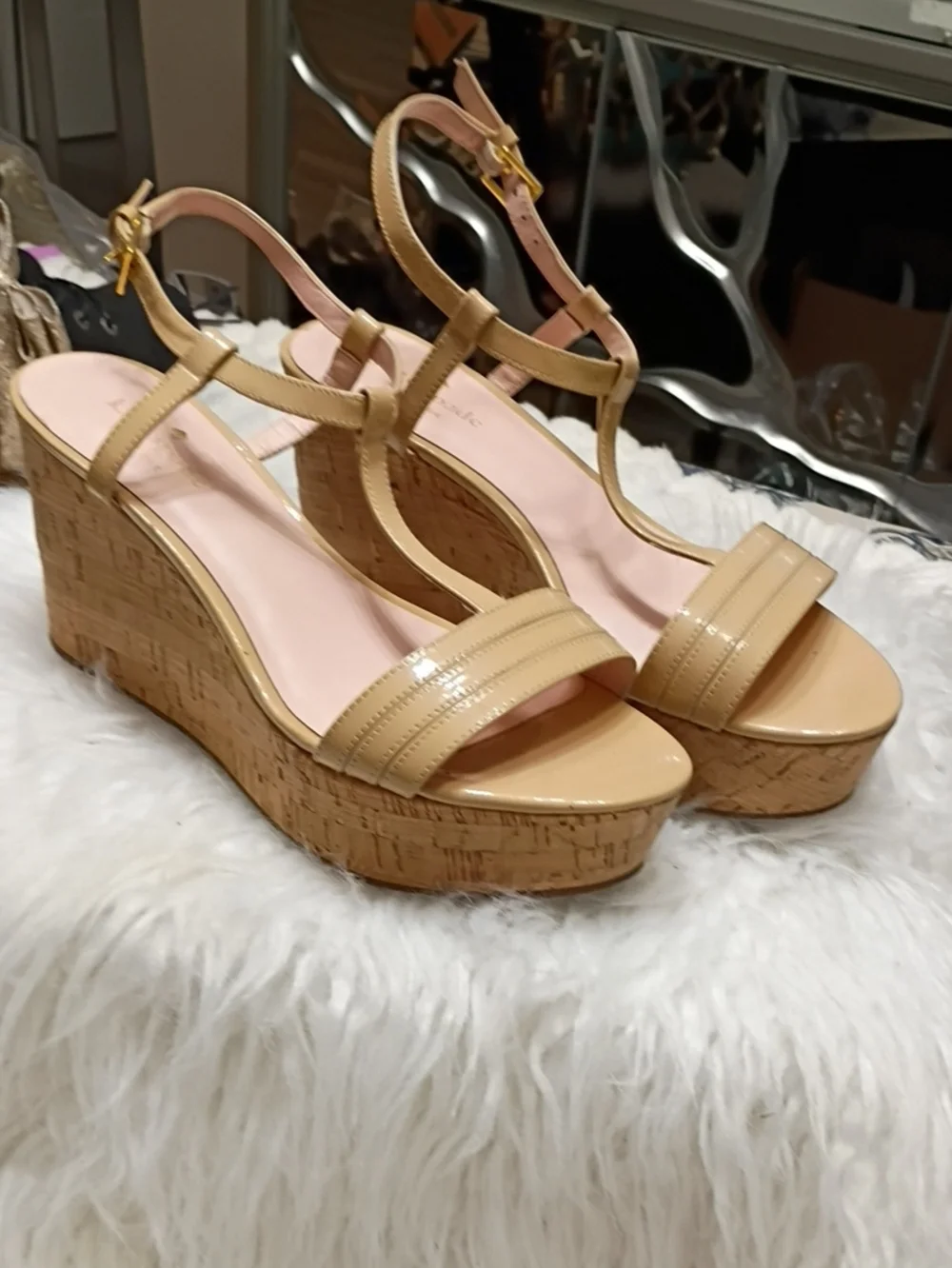 kate spade Tallin Nude Patent Leather Cork Wedge Sandals SZ 8